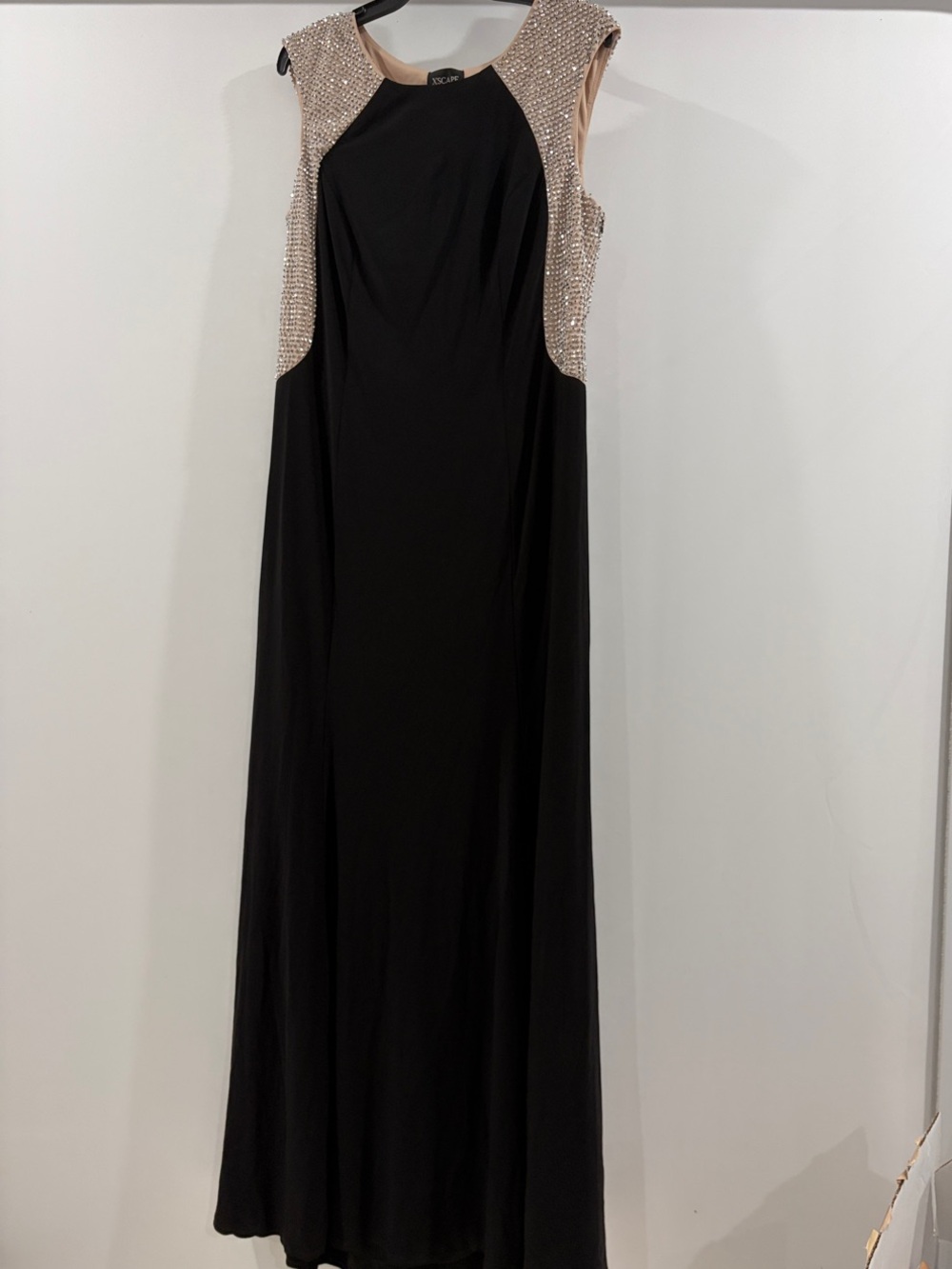 Xscape Black Maxi Gown with Nude Beaded Accents